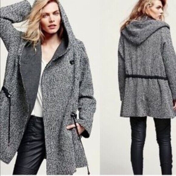 Free People Satellite Image Wool Coat Gray XS Drawstring Hood Button Swing Tweed - Picture 8 of 8